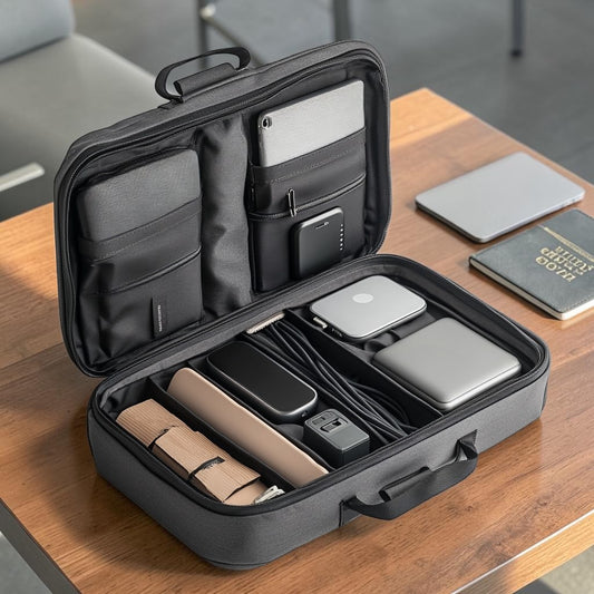 Gomex Portable Electronic Accessories Organizer - Double Layer Travel Cable Bag for Hard Drive, Chargers, Phone & USB - Waterproof Tech Case - Charcoal Grey